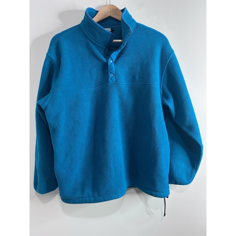 VTG LL Bean Womens Fleece Pullover Snap Neck Blue Kangaroo Pocket Adjustable - L